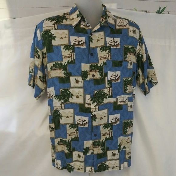 𝅺John Ashford Blue Sailboat Palm Leaf Print Short Sleeve Button Down Shirt - Picture 3 of 8